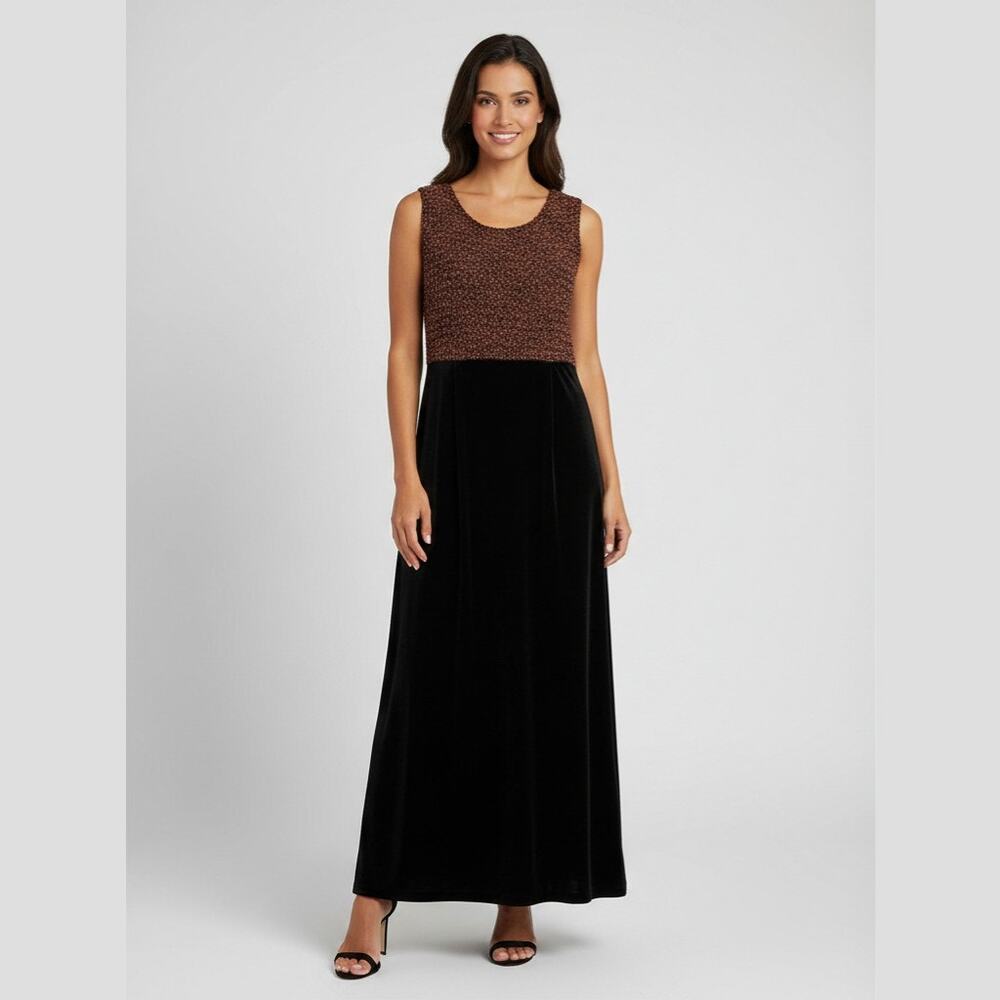 Vintage Midnight Womens 8 Black Velvet Maxi Dress Sleeveless Knit Top Evening